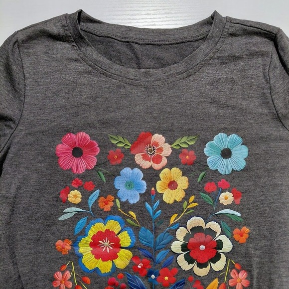 Flamingals Women's Long Sleeve Dark Gray Floral Print T Shirt Top Size L - Picture 5 of 9
